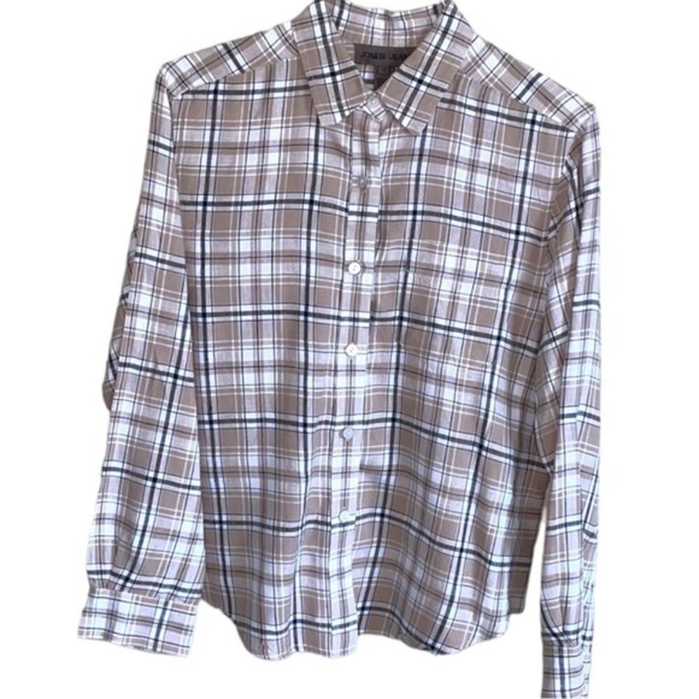 Vintage long sleeve button down blouse 100% linen plaid size 14